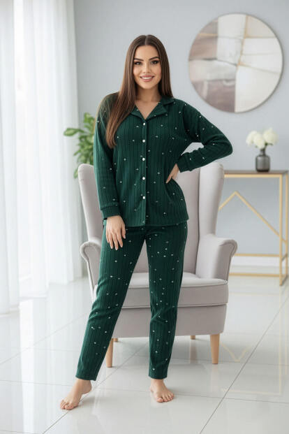 Yeşil Fitil Kalp Desenli Önden Düğmeli Peluş Polar Pijama Takımı - 5