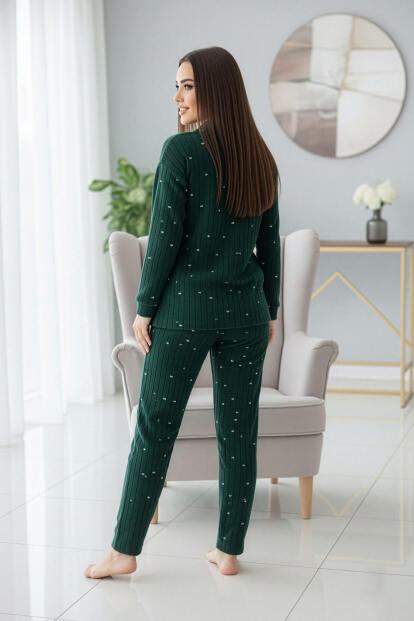 Yeşil Fitil Kalp Desenli Önden Düğmeli Peluş Polar Pijama Takımı - 6