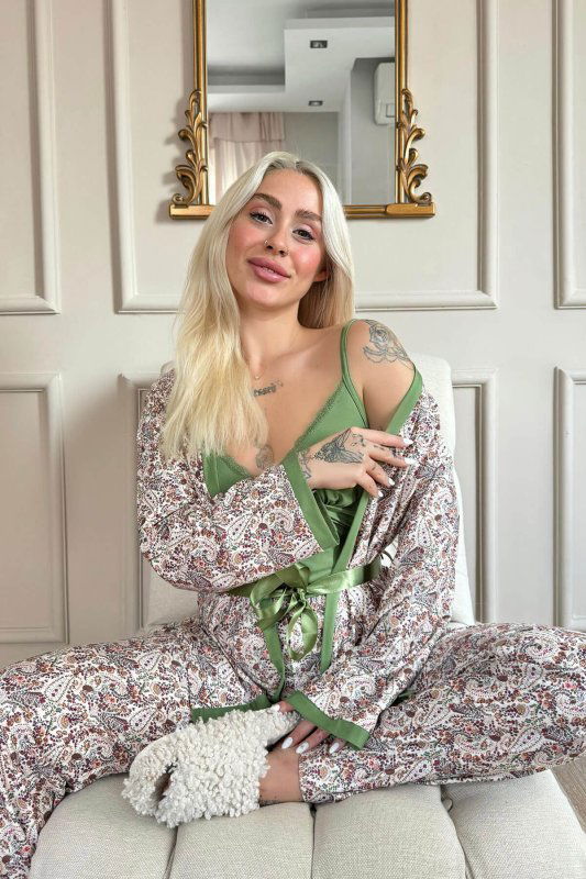 Yeşil Flore Exclusive Örme Sabahlıklı Kadın Pijama Takımı - Pijamaevi (1)