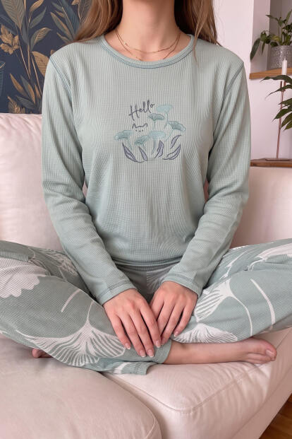 Yeşil Foglia Desenli Waffle Soft Uzun Kollu Kadın Pijama Takım - 4