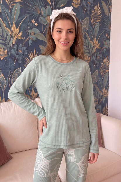 Yeşil Foglia Desenli Waffle Soft Uzun Kollu Kadın Pijama Takım - 5