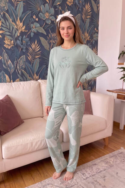 Yeşil Foglia Desenli Waffle Soft Uzun Kollu Kadın Pijama Takım - 6