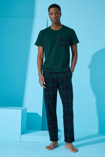 Yeşil Four Squares Ekose Desenli Kısa Kollu Erkek Pijama Takımı - 3