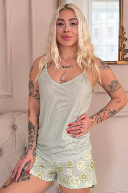 Yeşil Fresh Summer Desenli İp Askılı Şortlu Kadın Pijama Takımı - 6