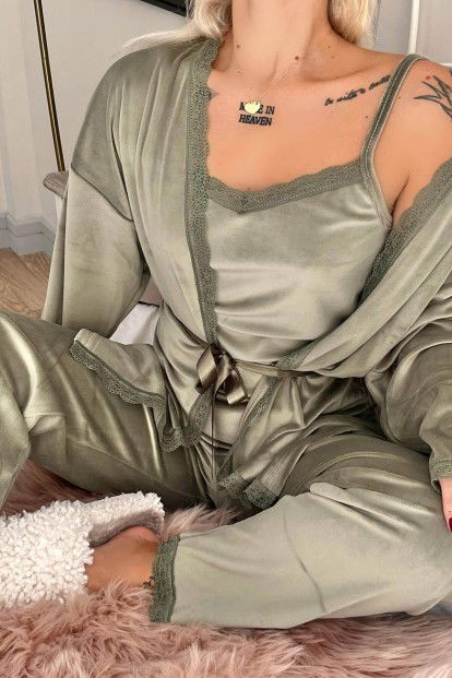 Yeşil Gage Exclusive Kadife Sabahlıklı Kadın Pijama Takımı  - 5