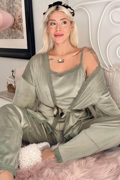 Yeşil Gage Exclusive Kadife Sabahlıklı Kadın Pijama Takımı  - 7