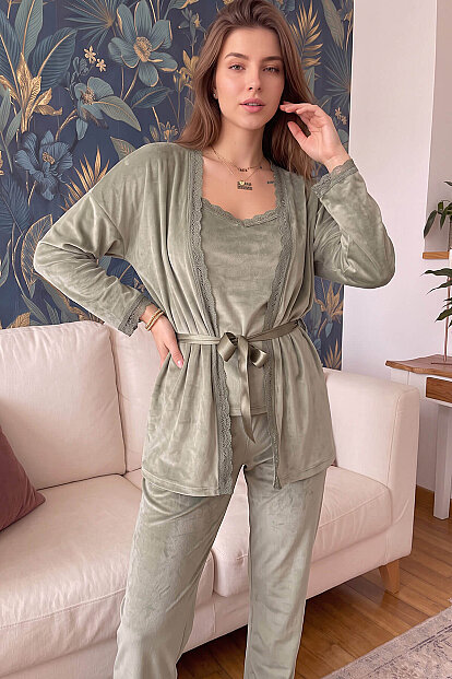 Yeşil Gage Exclusive Kadife Sabahlıklı Kadın Pijama Takımı  - 7