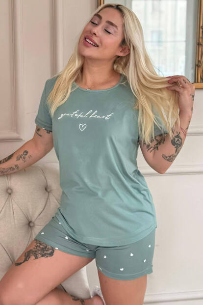 Yeşil Grateful Heart Desenli Bambu Kısa Kol Kadın Şortlu Pijama Takımı 