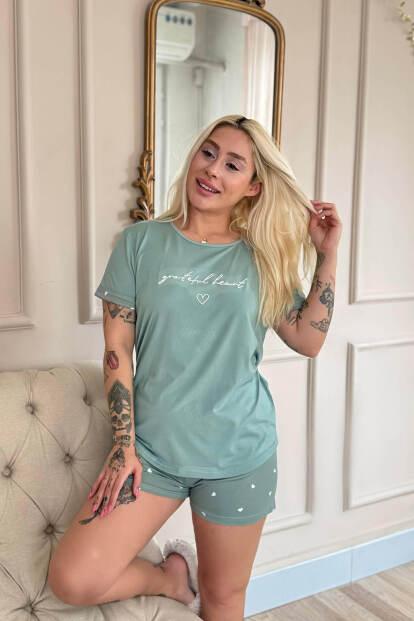 Yeşil Grateful Heart Desenli Bambu Kısa Kol Kadın Şortlu Pijama Takımı - 4