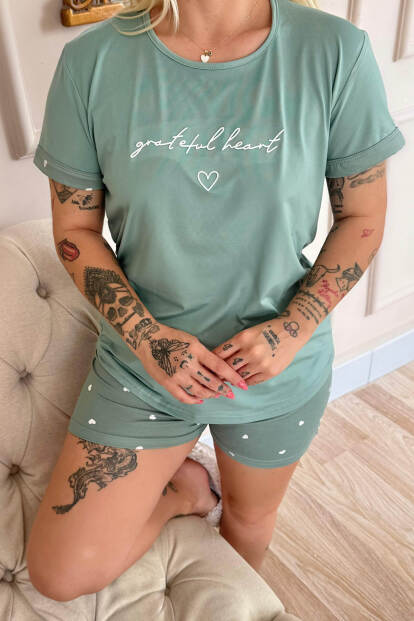 Yeşil Grateful Heart Desenli Bambu Kısa Kol Kadın Şortlu Pijama Takımı - 5