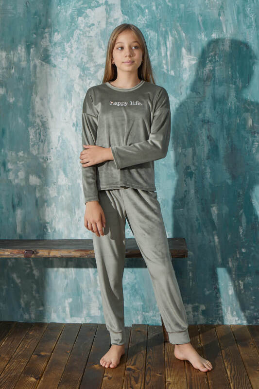 Yeşil Happy Life Desenli Exclusive Kadife Kız Çocuk Pijama Takımı  - Pijamaevi (1)