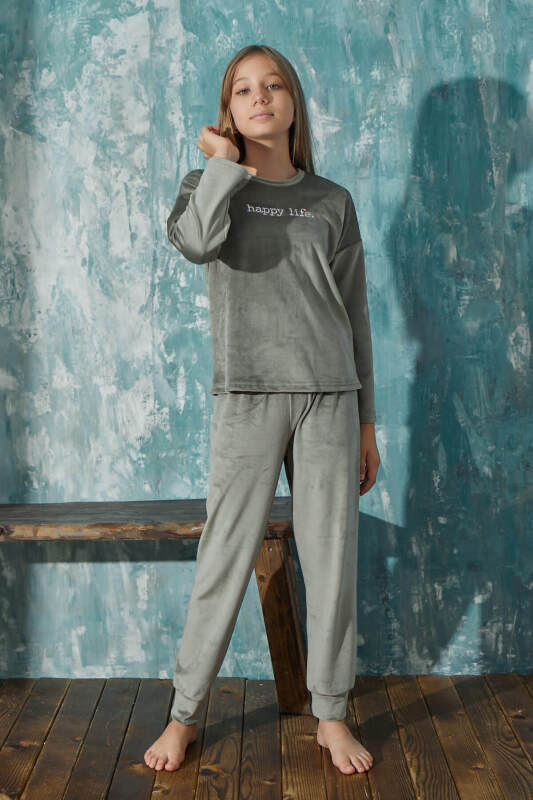 Yeşil Happy Life Desenli Exclusive Kadife Kız Çocuk Pijama Takımı  - Pijamaevi (2)