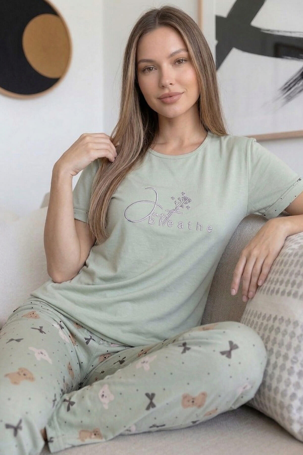 Yeşil Heart Desenli Bambu Kısa Kol Kadın Pijama Takımı - Pijamaevi