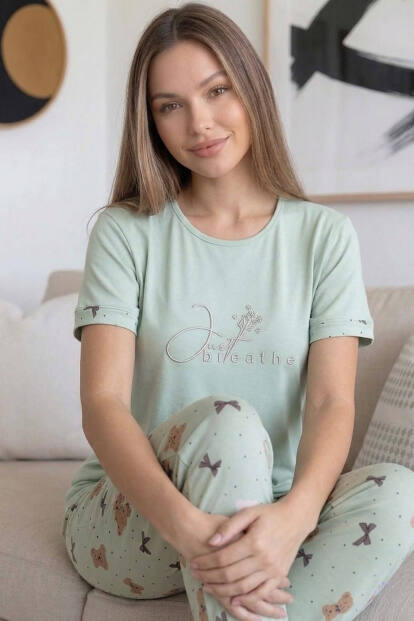 Yeşil Heart Desenli Bambu Kısa Kol Kadın Pijama Takımı - 3