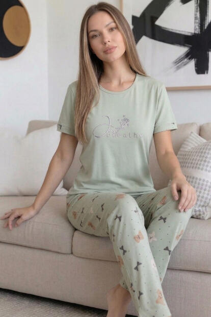 Yeşil Heart Desenli Bambu Kısa Kol Kadın Pijama Takımı - 4