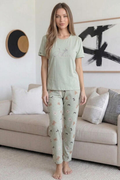Yeşil Heart Desenli Bambu Kısa Kol Kadın Pijama Takımı - 5