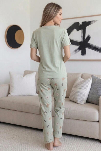Yeşil Heart Desenli Bambu Kısa Kol Kadın Pijama Takımı - 6