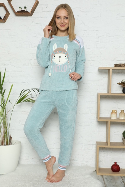 Yeşil Hello Desenli Tam Peluş Pijama Takımı - 2