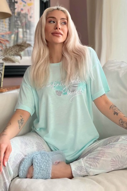 Yeşil Infinity Baskılı Örme Kısa Kol Kadın Pijama Takımı - 1