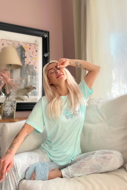 Yeşil Infinity Baskılı Örme Kısa Kol Kadın Pijama Takımı - 3