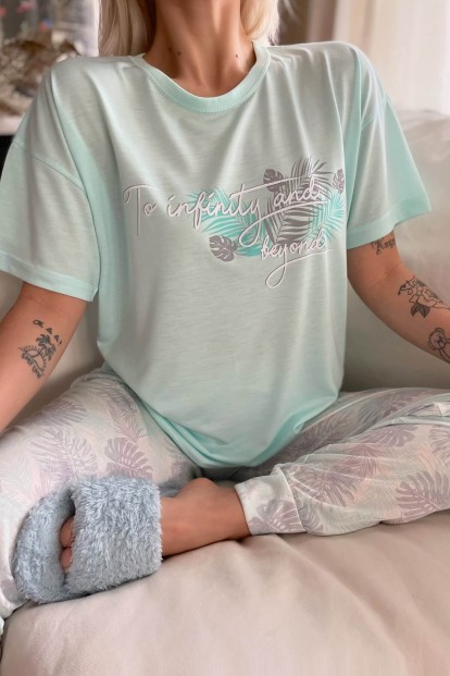 Yeşil Infinity Baskılı Örme Kısa Kol Kadın Pijama Takımı - 4