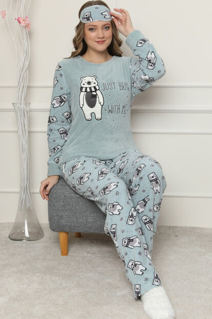 Yeşil Just Bear Desenli Kadın Peluş Pijama Takımı - 1