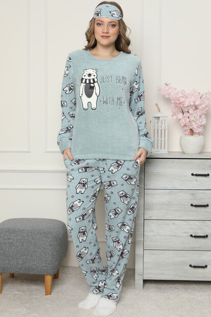 Yeşil Just Bear Desenli Kadın Peluş Pijama Takımı - 2