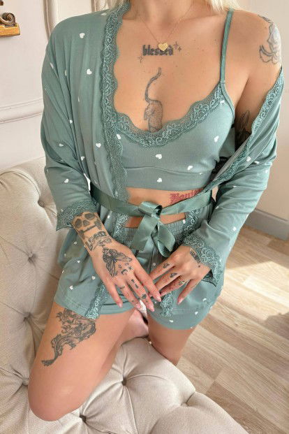 Yeşil Kalp Desenli Bambu Crop Sabahlıklı Şortlu Pijama Takımı - 4