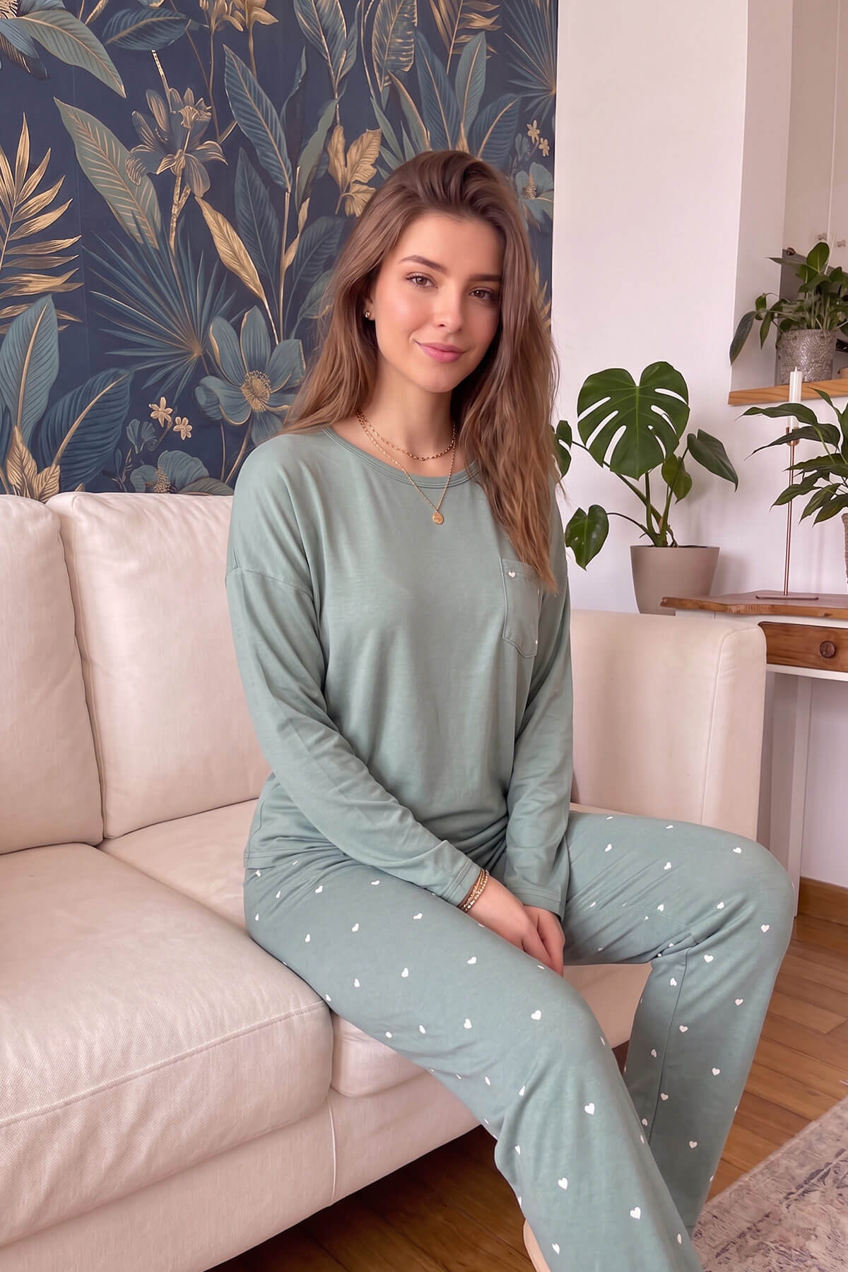 Yeşil Kalp Desenli Bambu Uzun Kol Kadın Pijama Takımı - Pijamaevi (3)