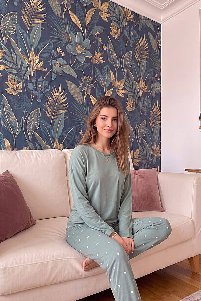 Yeşil Kalp Desenli Bambu Uzun Kol Kadın Pijama Takımı - 5