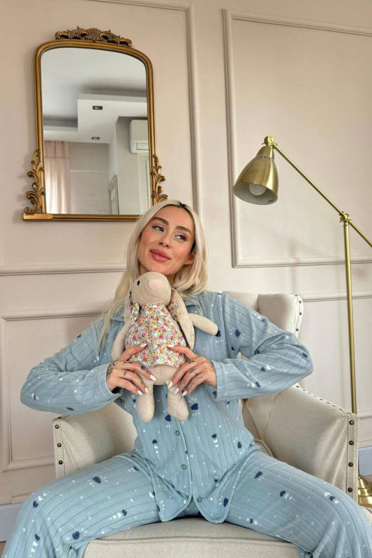 Yeşil Kalp Desenli Önden Düğmeli Peluş Polar Pijama Takımı - Pijamaevi (3)