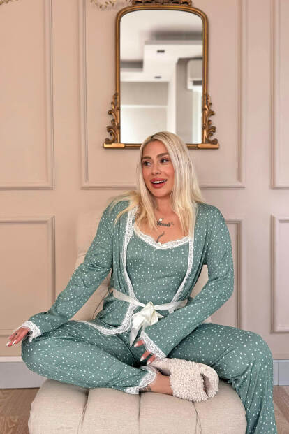 Yeşil Konfeti Puantiye Desenli Sabahlıklı Pegasus Pijama Takımı - 3