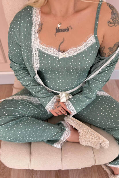 Yeşil Konfeti Puantiye Desenli Sabahlıklı Pegasus Pijama Takımı - 4
