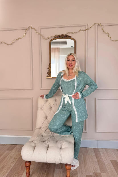 Yeşil Konfeti Puantiye Desenli Sabahlıklı Pegasus Pijama Takımı - 5