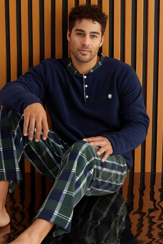 Yeşil Lacivert Ekose Desenli Polar Erkek Pijama Takımı - Pijamaevi