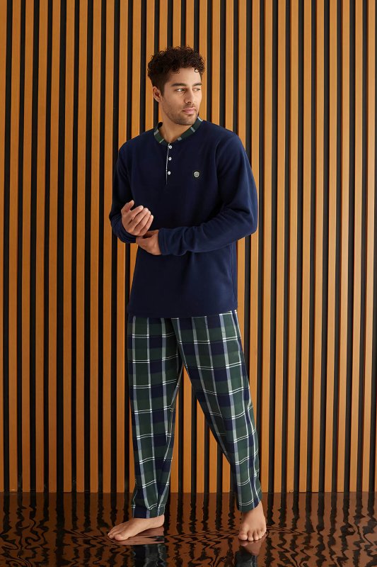 Yeşil Lacivert Ekose Desenli Polar Erkek Pijama Takımı - Pijamaevi (1)