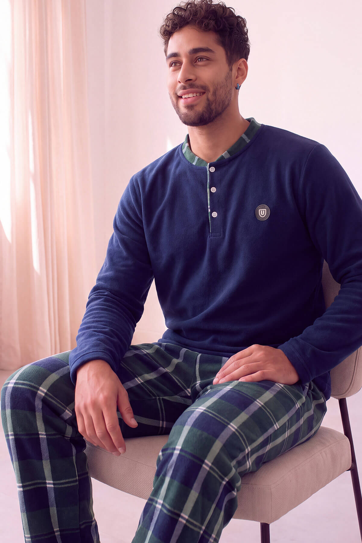 Yeşil Lacivert Ekose Desenli Polar Erkek Pijama Takımı - Pijamaevi (1)