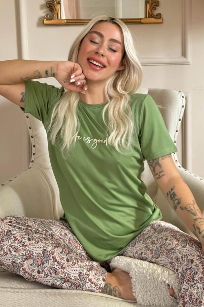 Yeşil Life is Good Desenli Kısa Kollu Örme Kadın Pijama Takımı - 7