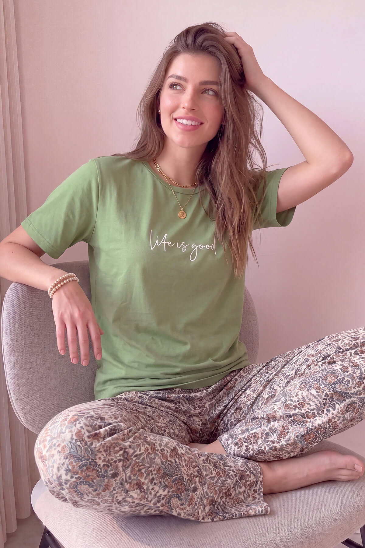Yeşil Life is Good Desenli Kısa Kollu Örme Kadın Pijama Takımı - Pijamaevi