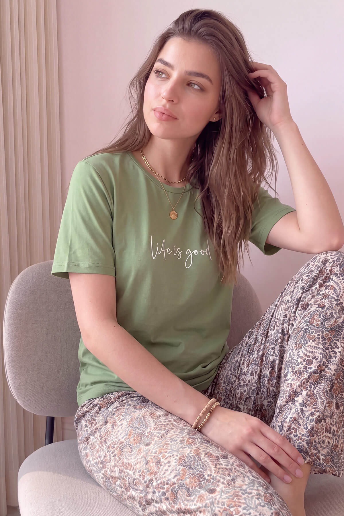 Yeşil Life is Good Desenli Kısa Kollu Örme Kadın Pijama Takımı - Pijamaevi (1)