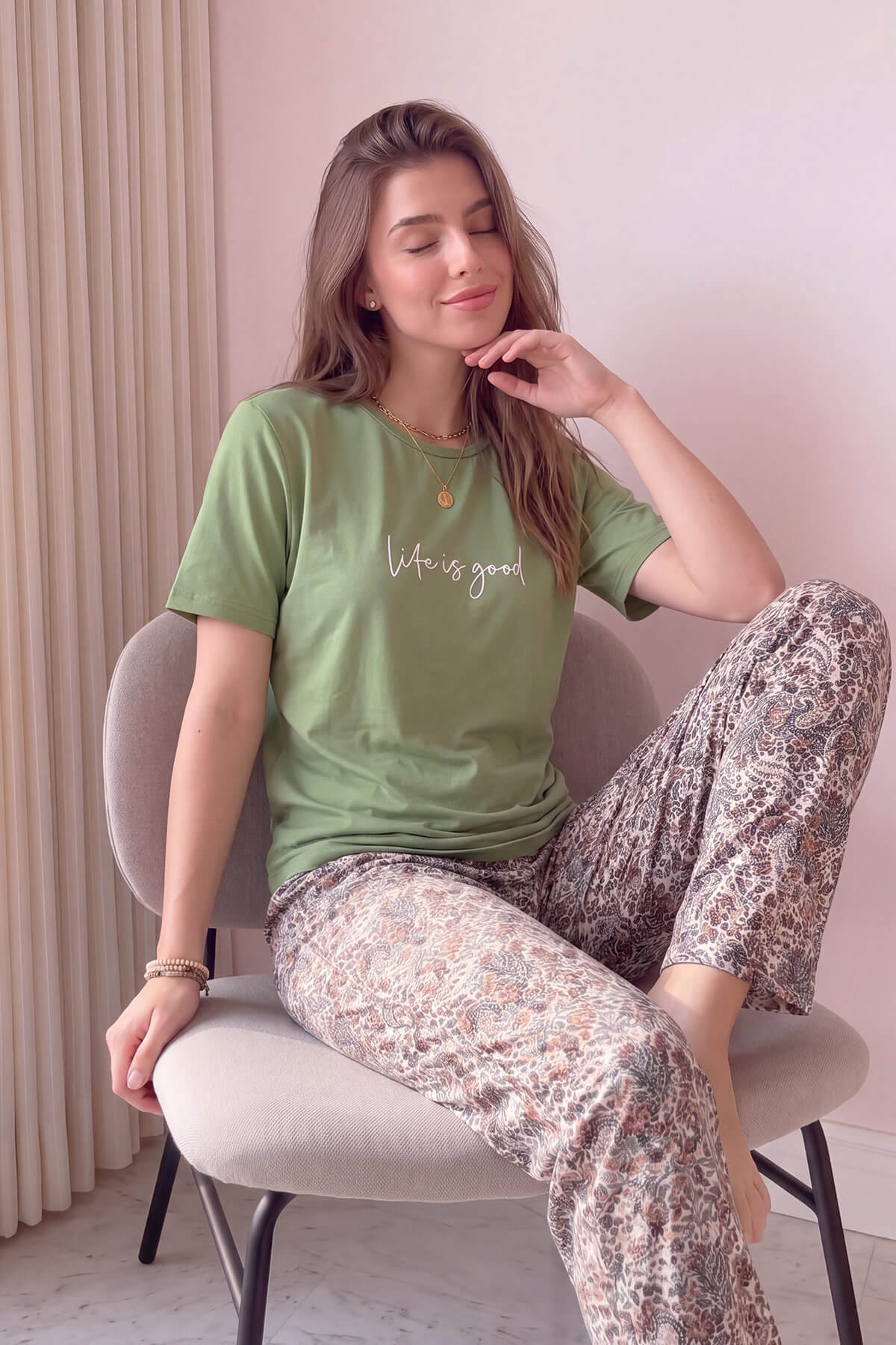 Yeşil Life is Good Desenli Kısa Kollu Örme Kadın Pijama Takımı - Pijamaevi (2)