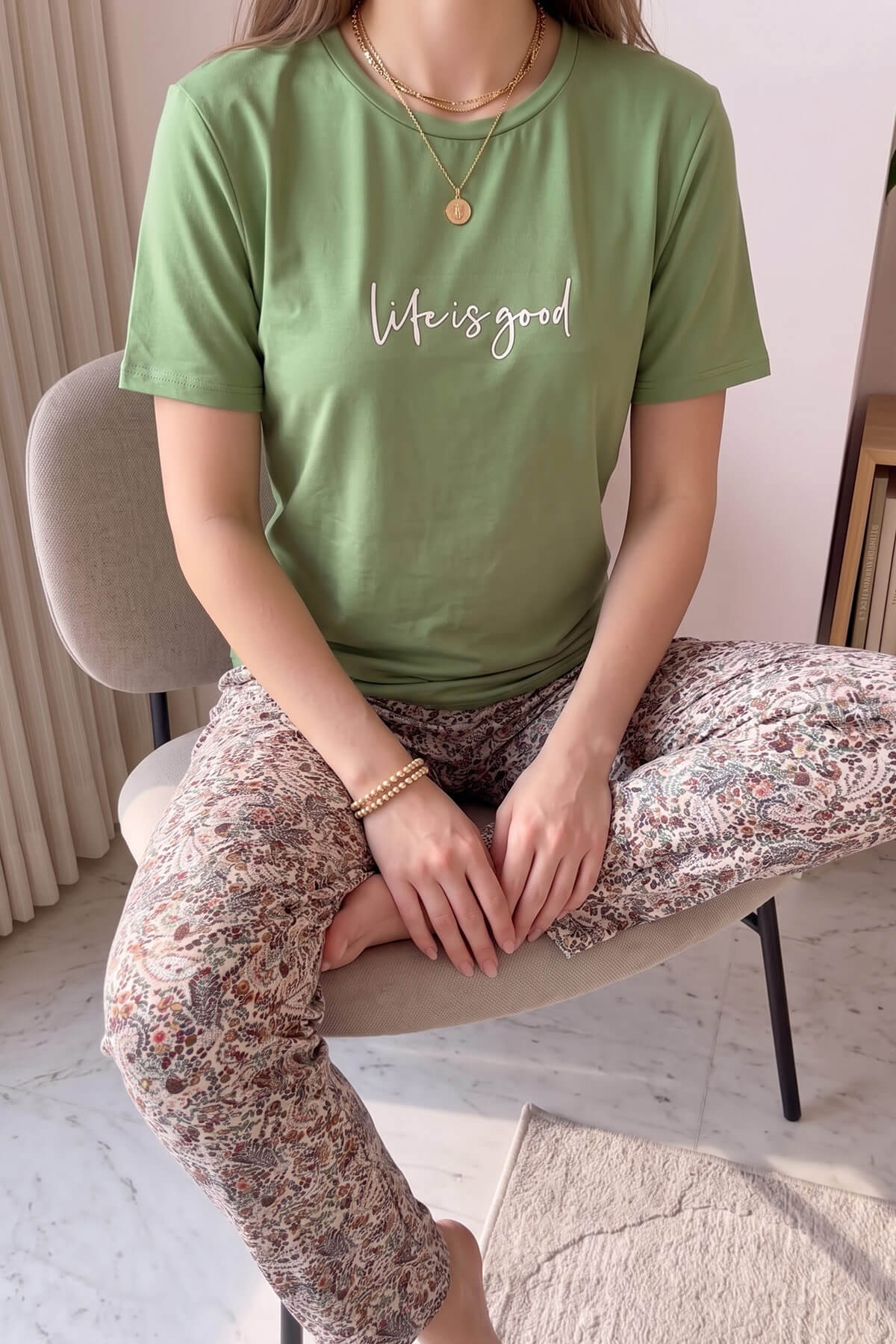 Yeşil Life is Good Desenli Kısa Kollu Örme Kadın Pijama Takımı - Pijamaevi (3)
