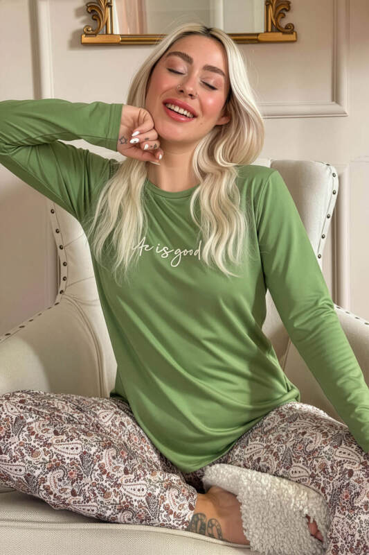 Yeşil Life is Good Desenli Uzun Kollu Bambu Örme Kadın Pijama Takımı - Pijamaevi (1)