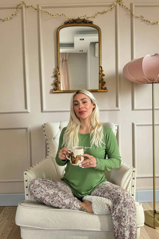 Yeşil Life is Good Desenli Uzun Kollu Bambu Örme Kadın Pijama Takımı - Pijamaevi (2)