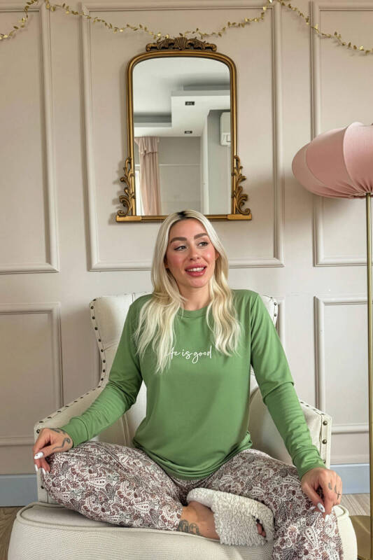 Yeşil Life is Good Desenli Uzun Kollu Bambu Örme Kadın Pijama Takımı - Pijamaevi (3)