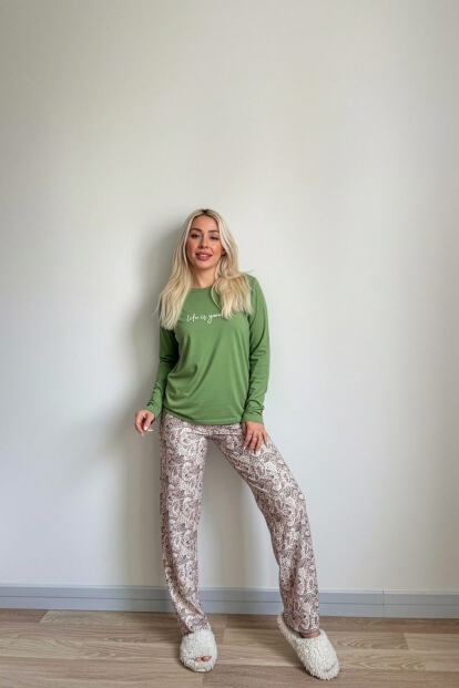 Yeşil Life is Good Desenli Uzun Kollu Bambu Örme Kadın Pijama Takımı - 6