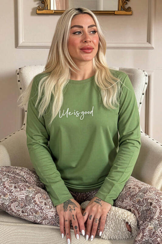 Yeşil Life is Good Desenli Uzun Kollu Bambu Örme Kadın Pijama Takımı - Pijamaevi