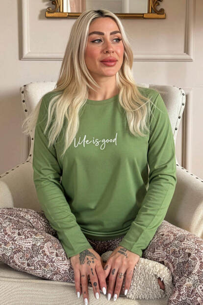 Yeşil Life is Good Desenli Uzun Kollu Bambu Örme Kadın Pijama Takımı - 7