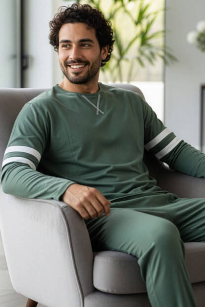 Yeşil Line Desenli Stylish Erkek Uzun Kol Pijama Takımı 