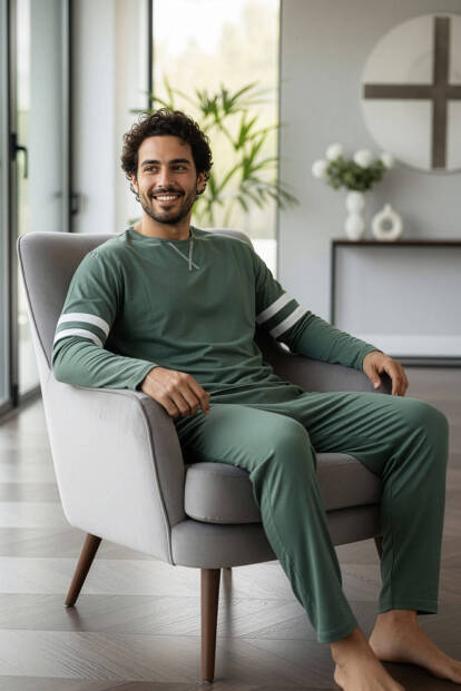 Yeşil Line Desenli Stylish Erkek Uzun Kol Pijama Takımı - 2